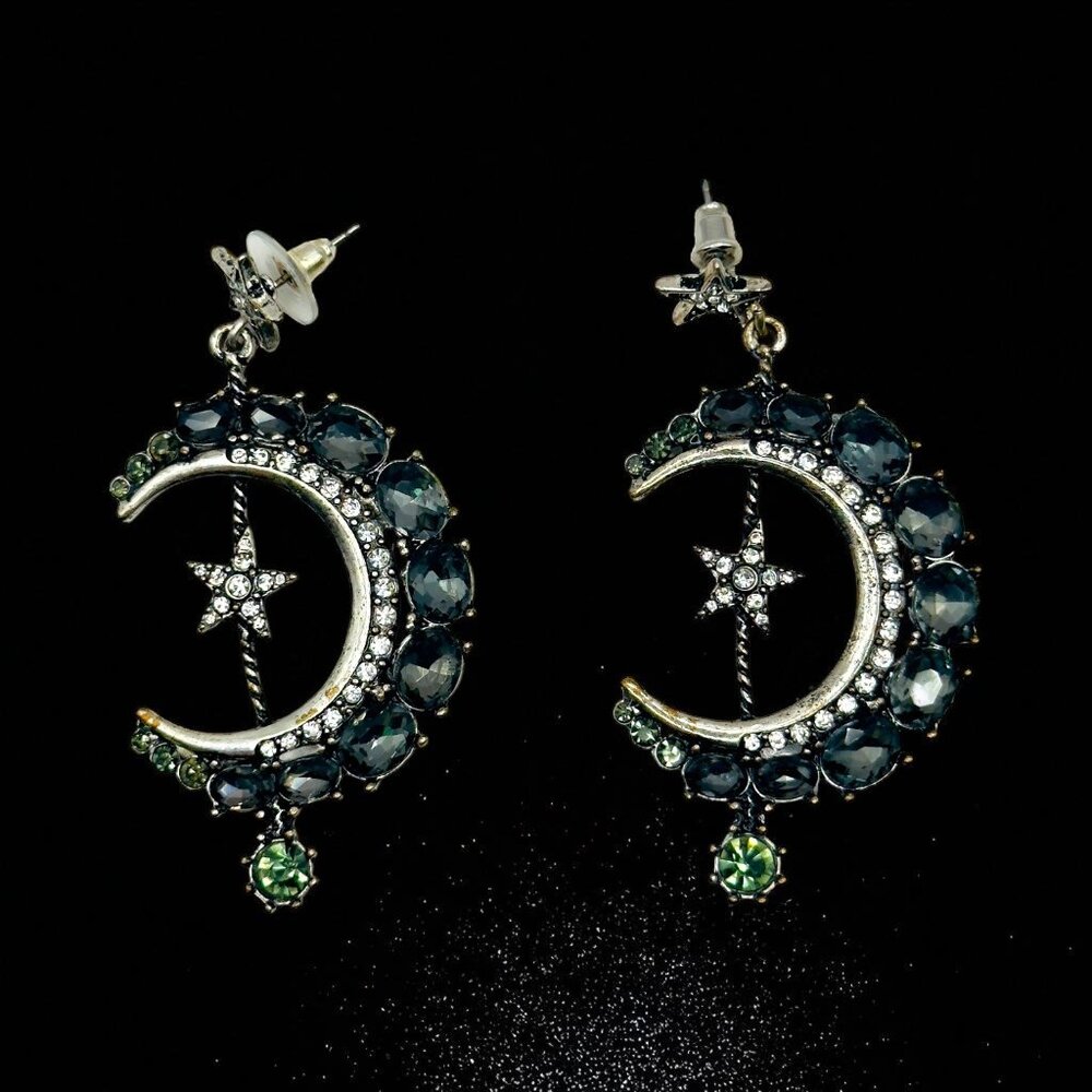 Celestial Moon & Star Dangle Earrings Rhinestone Silver-Tone Statement Jewelry - Picture 4 of 6